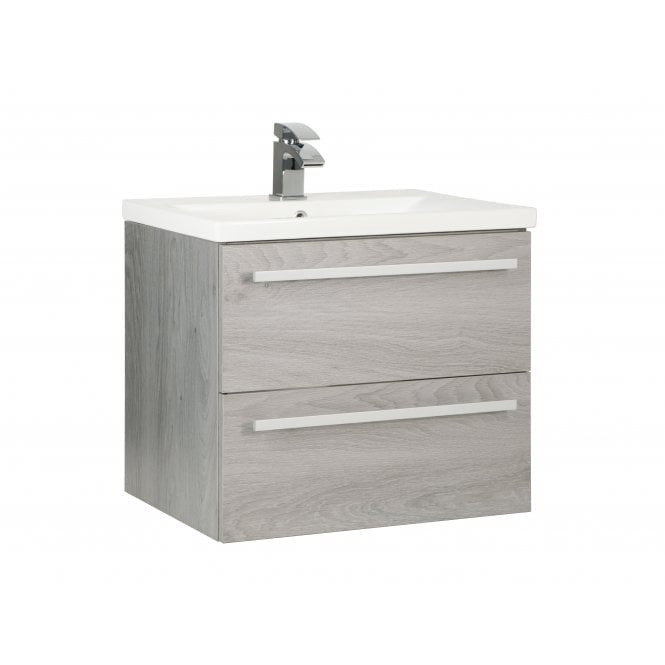 Purity 600mm Wall Mounted 2 Drawer Unit & Mid Depth Ceramic Basin - Silver Oak