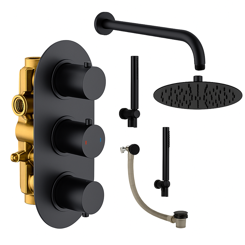 Concealed Shower Matt Black Round Pack 8b