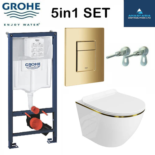 Grohe 38732GNO Gold Brushed Brass Plate Wc Frame 1.12 Rimless Toilet Wall Hung Pan Soft Close Seat Slim 38536001