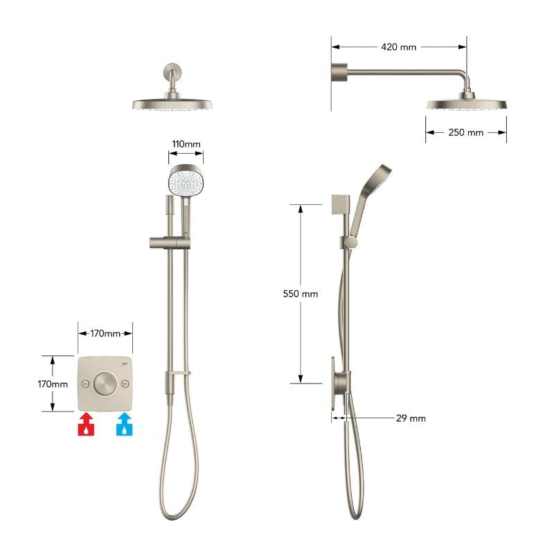 Mira Evoco Dual Shower with Hydroglo; Handheld & Fixed Overhead Shower Head - Brushed Nickel
