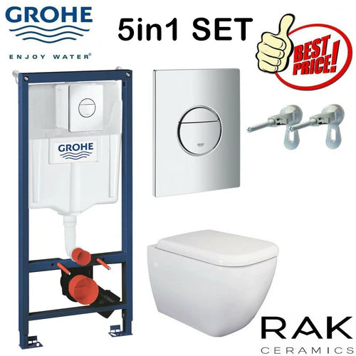 Grohe Concealed Cistern Wc Frame With Rak Ceramics Wall Hung Toilet Pan Metropolitan 3886020A + METWHPAN + RAKSEAT016