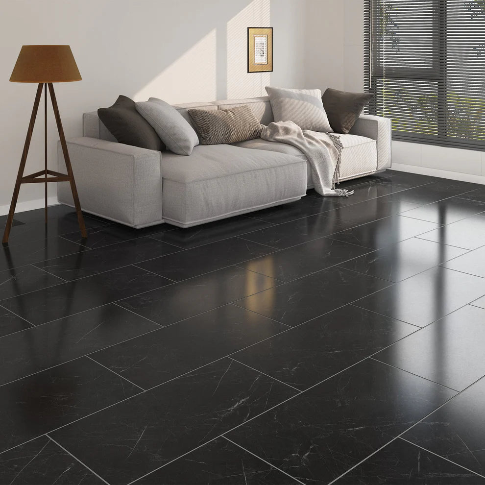 Black Gloss Marble - Pre-Grouted 5.5mm Stone Embossed UV Coated Rigid Core Vinyl Flooring