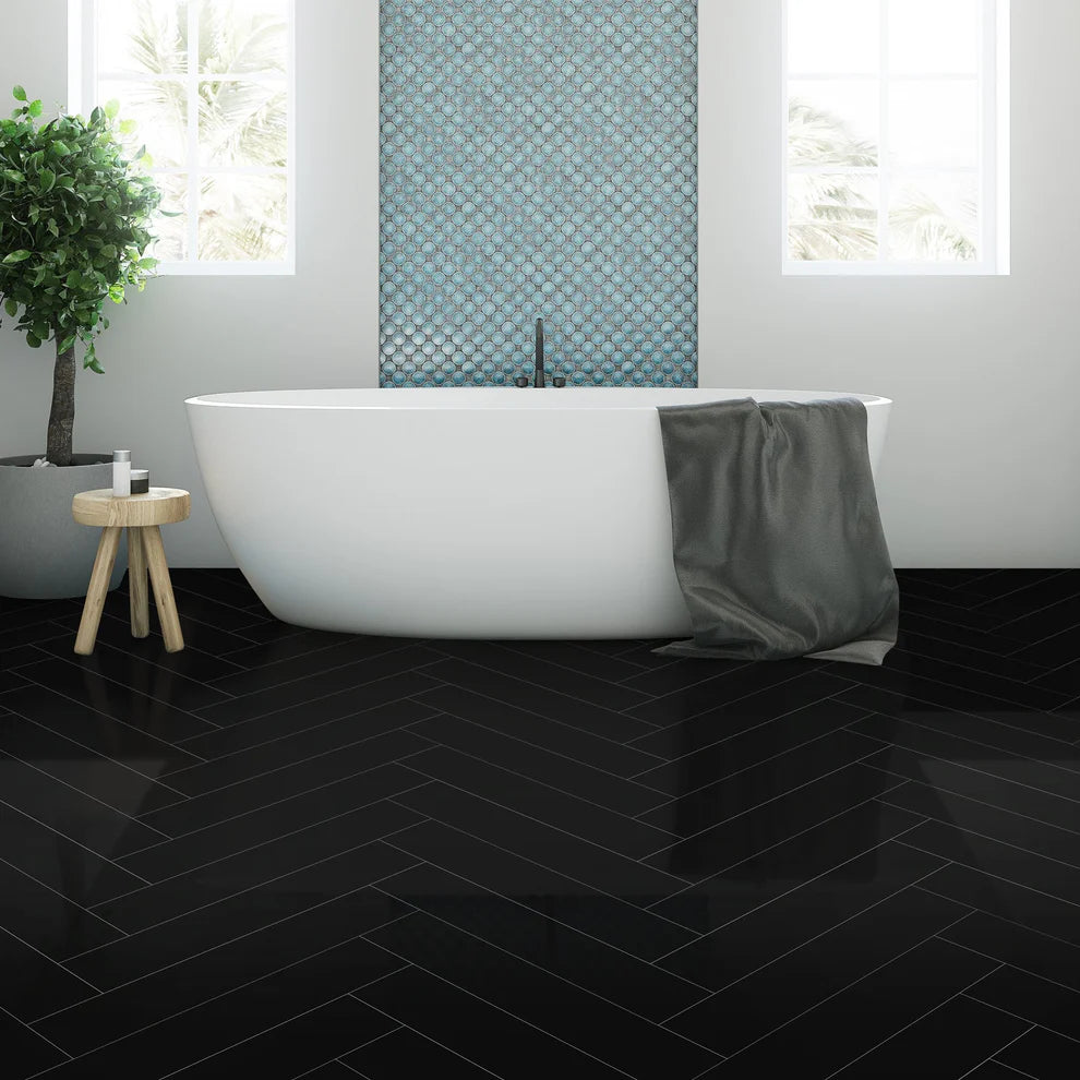 Black - Herrringbone 6mm High Gloss Luxury Vinyl Flooring