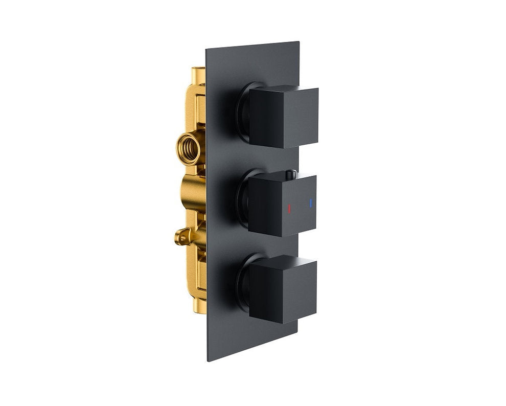 Concealed Shower Matt Black Square 2 Outlet, 3 Knob