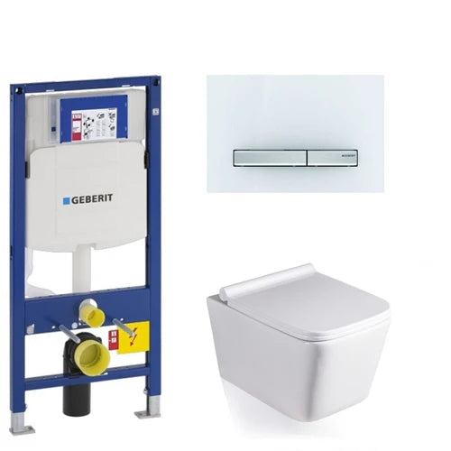 Geberit Duofix UP320 WC Frame Rimless Wall Hung Toilet Pan with Soft Close Seat