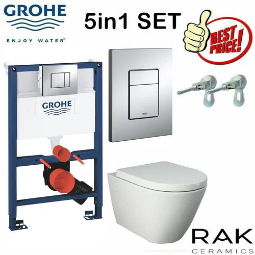 Grohe 0.82M Concealed Cistern WC Frame RAK Ceramics Rimless Wall Hung Toilet Pan