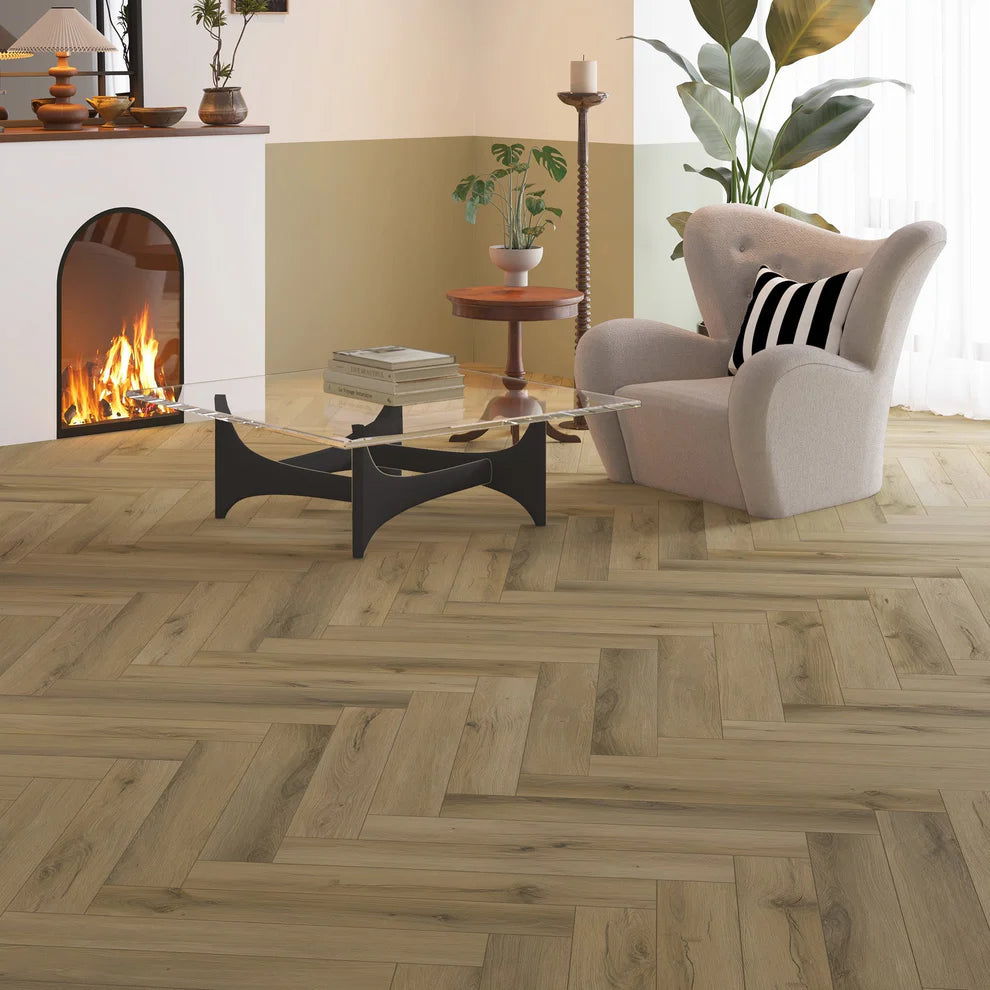 Langford Oak - Herringbone LVT 5mm Anti-Microbial UV Coated Rigid Core Vinyl Flooring