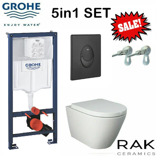 Rak Ceramics Rimless Wall Hung Toilet Pan Seat & Grohe WC Frame Matt Black Flush Plate