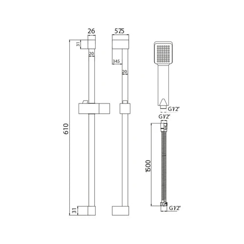Scudo Square Slide Rail Kit With Paddle Handset Chrome RISERKIT001