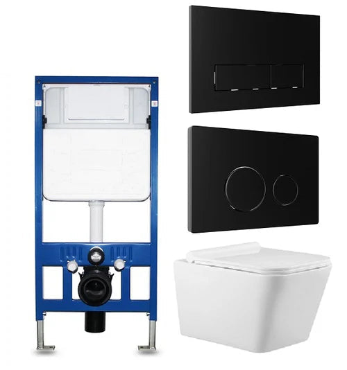 Rimless Wall Hung Square Toilet Pan Wc Frame Concealed Cistern Matt Black Plate
