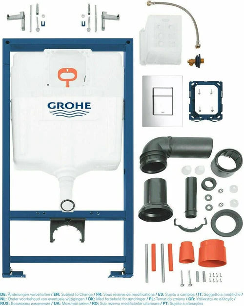 Rimless Toilet Wall Hung Pan Rak Ceramics Slim Seat & Grohe Frame Chrome Flush Plate