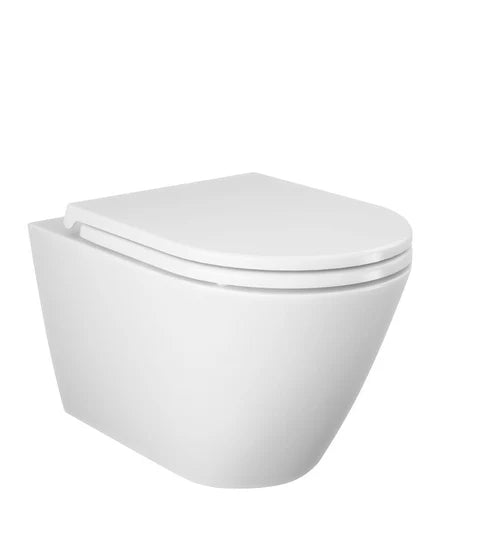 Rimless Toilet Wall Hung Pan Rak Ceramics Slim Seat & Grohe Frame Chrome Flush Plate