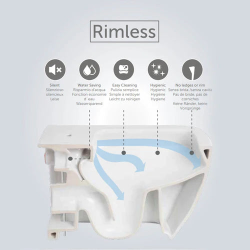 Rimless Toilet Wall Hung Pan Rak Ceramics Slim Seat & Grohe Frame Chrome Flush Plate
