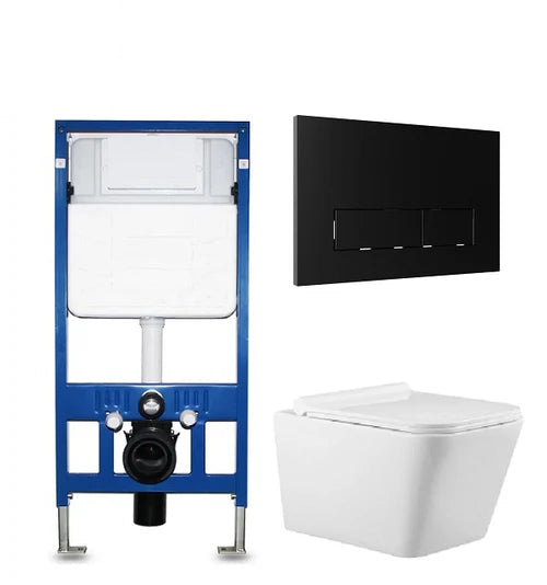 Rimless Wall Hung Square Toilet Pan Wc Frame Concealed Cistern Matt Black Plate