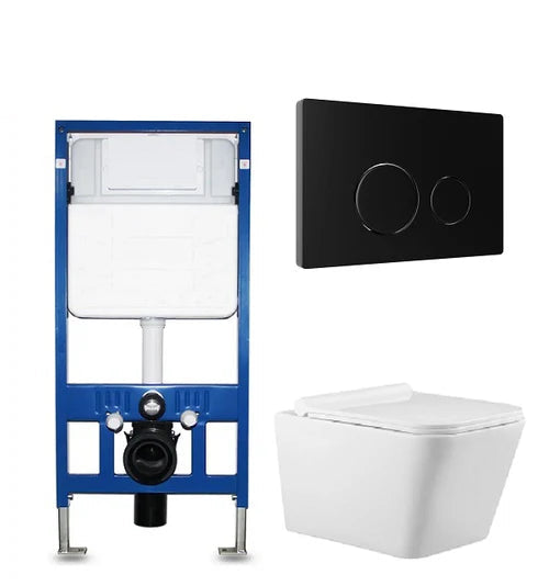 Rimless Wall Hung Square Toilet Pan Wc Frame Concealed Cistern Matt Black Plate