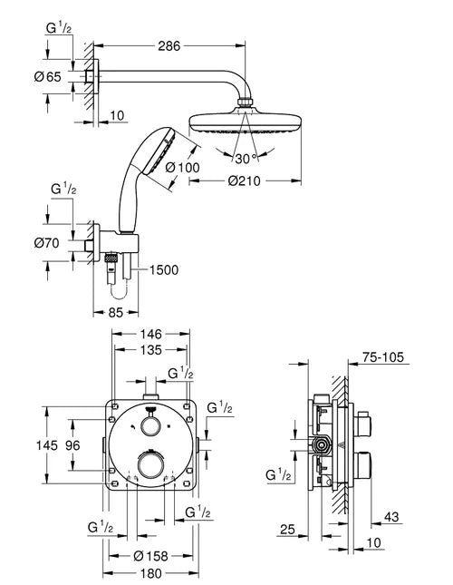 Grohe Grohtherm Perfect Thermostatic Shower Set With Tempesta 210 Overhead 2 Outlet 34727000