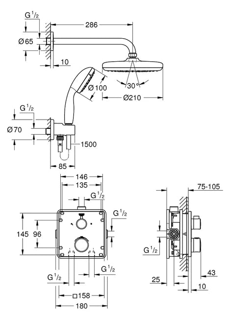 Grohe Grohtherm Perfect Thermostatic Shower Set Square Tempesta 210 Overhead 2 Outlet 34729000