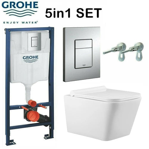Rimless Square Wall Hung Toilet Pan Grohe WC Frame 38772001 Rapid SL Chrome Flush Plate 1.13