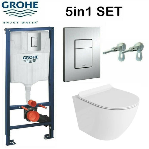 Rimless Toilet Wall Hung Pan & Soft Close Seat Grohe Wc Frame 1.12 3877220A Chrome Flush Plate