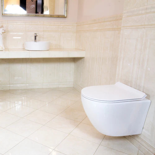 Rimless Toilet Wall Hung Pan & Soft Close Seat Grohe Wc Frame 1.12 3877220A Chrome Flush Plate