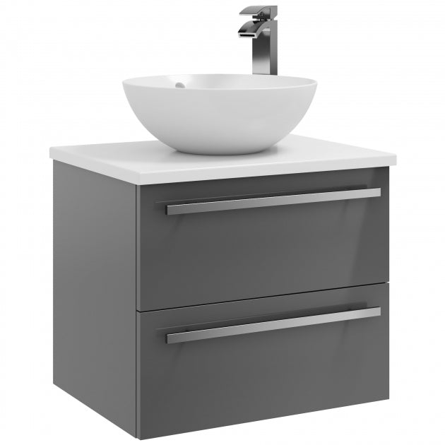 600mm Wall Mounted 2 Drawer Unit With Ceramic Worktop & Sit On Basin Bowl
