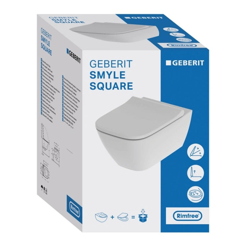 Geberit Smyle Square Rimfree Wall Hung WC Pack; w/ Pan & Quick Release Seat