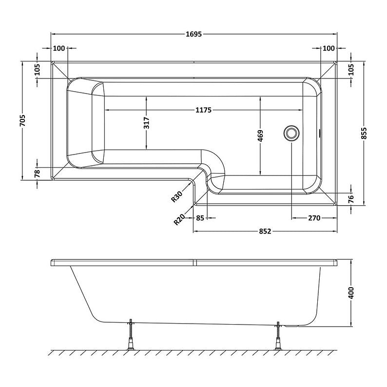 L-Shaped Shower Bath Set – 1700 x 850mm With Panel & Screen