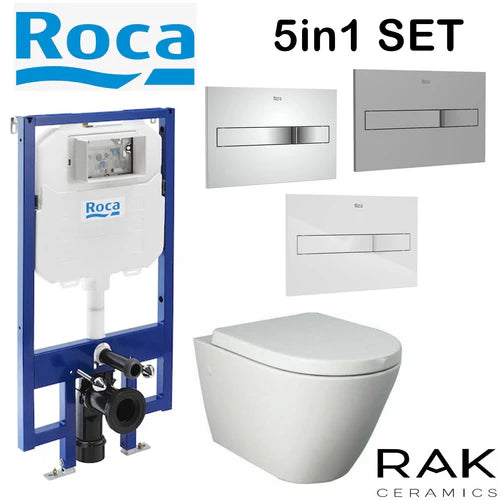 Roca Compact Concealed Cistern WC Slim 80MM 8900800A0 Frame RAK Resort Rimless Wall Hung Toilet Pan